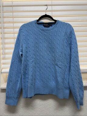 Polo by Ralph Lauren 100% Cashmere Sky Blue Cable-Knit Crewneck Sweater